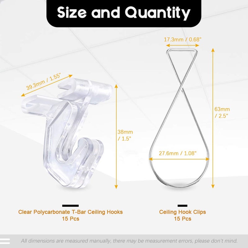 Rustark 30 pcs Drop Ceiling Hanger Kit- 15 pcs Crystal Clear Hinged Polycarbonate T-Bar Clips and 15 pcs Ceiling Tile Hooks for Hanging Plants & Decorations at Classroom, Offices, Hold up to 10lbs - Image 2